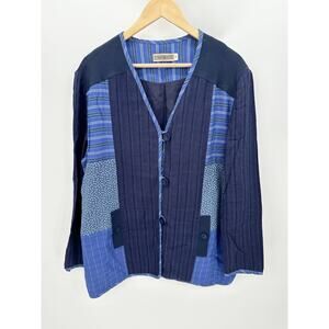 CANVASBACKS Button Up Shirt Lagenlook Artsy Unique Women XL Blue Striped Linen